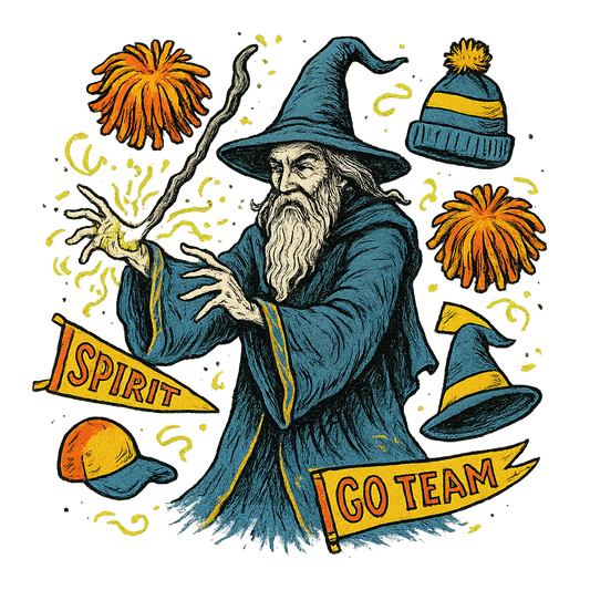 A hand-drawn ink with pop color, whimsical graphic of a mystical wizard in school colors casting a spell with floating spirit week items (pom-poms, banners, hats), with the phrase “spirit week sorcerer” arched above. transparent background, centered, hand-drawn ink with magical color pops. dtg optimized. - a t-shirt design