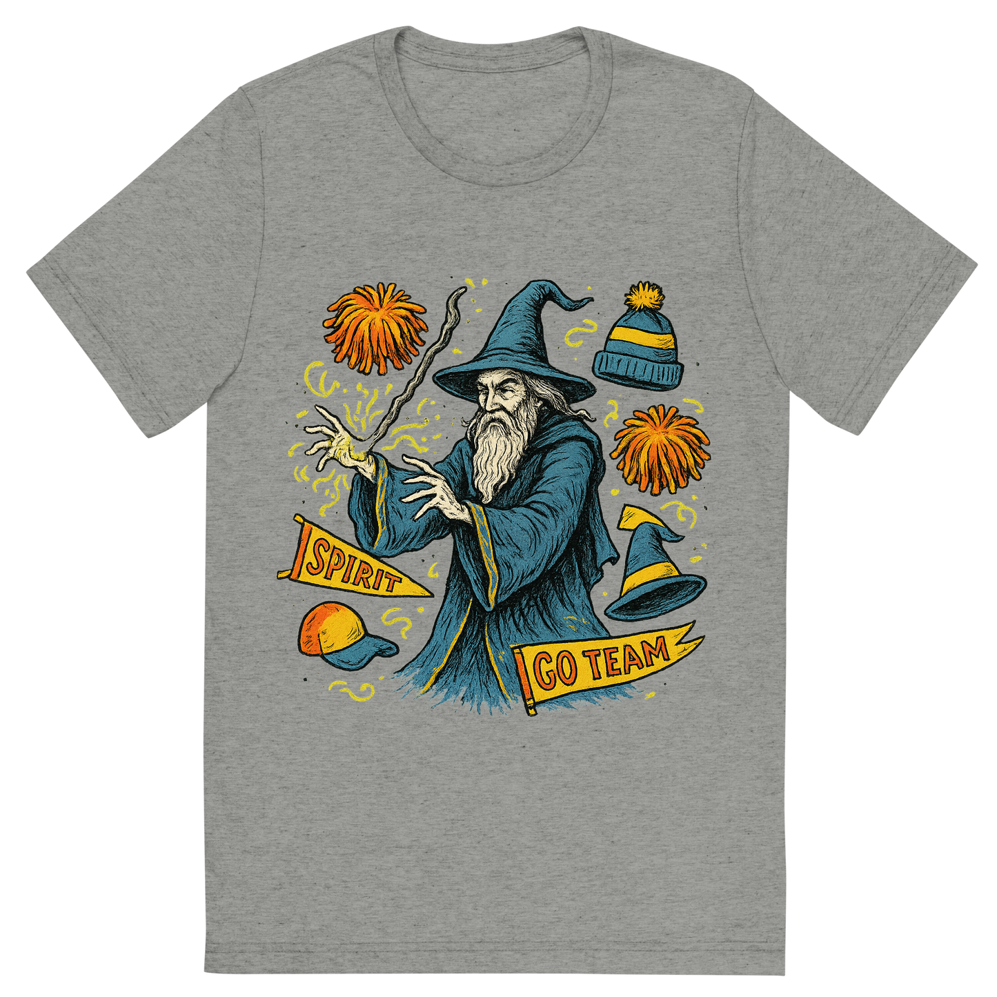 Front view of a Premium Tri-Blend Crew Neck T-Shirt in Athletic Grey showing 'A hand-drawn ink with pop color, whimsical graphic of a mystical wizard in school colors casting a spell with floating spirit week items (pom-poms, banners, hats), with the phrase “spirit week sorcerer” arched above. transparent background, centered, hand-drawn ink with magical color pops. dtg optimized.'