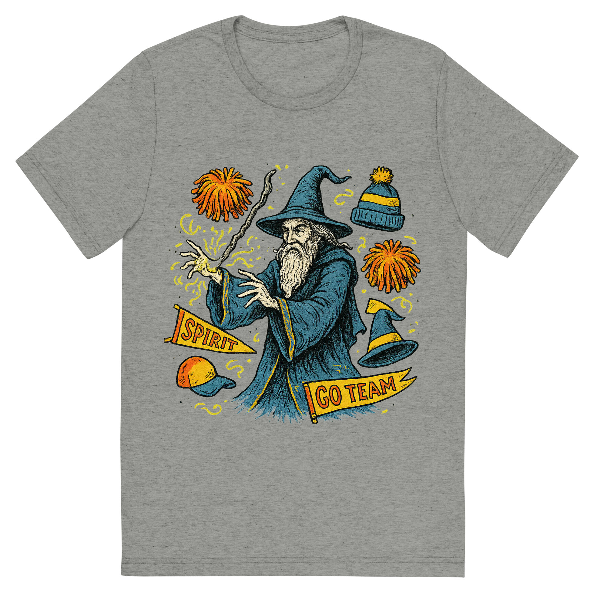 Front view of a Premium Tri-Blend Crew Neck T-Shirt in Athletic Grey showing 'A hand-drawn ink with pop color, whimsical graphic of a mystical wizard in school colors casting a spell with floating spirit week items (pom-poms, banners, hats), with the phrase “spirit week sorcerer” arched above. transparent background, centered, hand-drawn ink with magical color pops. dtg optimized.'