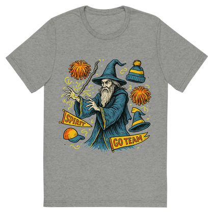Front view of a Premium Tri-Blend Crew Neck T-Shirt in Athletic Grey showing 'A hand-drawn ink with pop color, whimsical graphic of a mystical wizard in school colors casting a spell with floating spirit week items (pom-poms, banners, hats), with the phrase “spirit week sorcerer” arched above. transparent background, centered, hand-drawn ink with magical color pops. dtg optimized.'