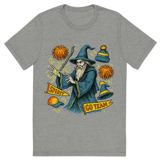 Front view of a Premium Tri-Blend Crew Neck T-Shirt in Athletic Grey showing 'A hand-drawn ink with pop color, whimsical graphic of a mystical wizard in school colors casting a spell with floating spirit week items (pom-poms, banners, hats), with the phrase “spirit week sorcerer” arched above. transparent background, centered, hand-drawn ink with magical color pops. dtg optimized.'