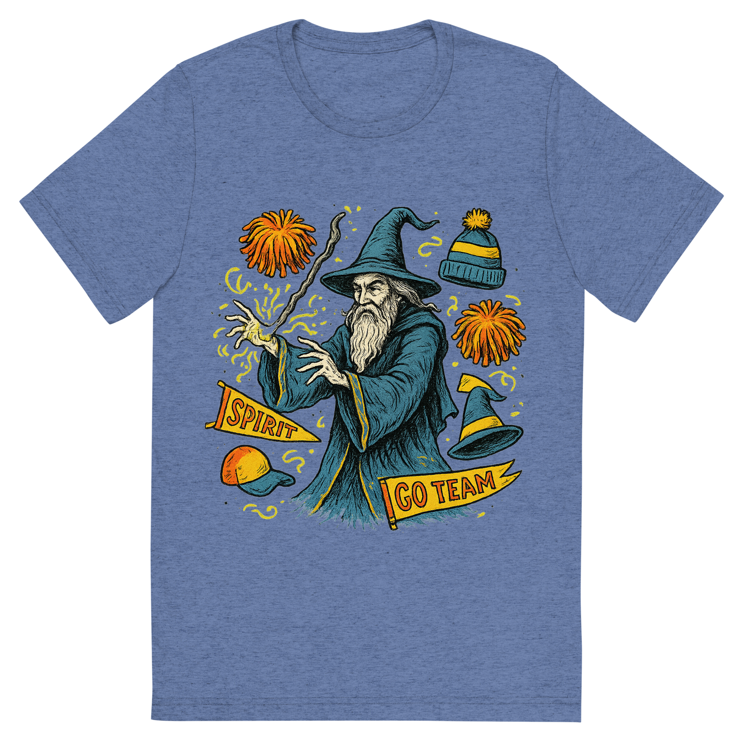 Front view of a Premium Tri-Blend Crew Neck T-Shirt in Blue showing 'A hand-drawn ink with pop color, whimsical graphic of a mystical wizard in school colors casting a spell with floating spirit week items (pom-poms, banners, hats), with the phrase “spirit week sorcerer” arched above. transparent background, centered, hand-drawn ink with magical color pops. dtg optimized.'