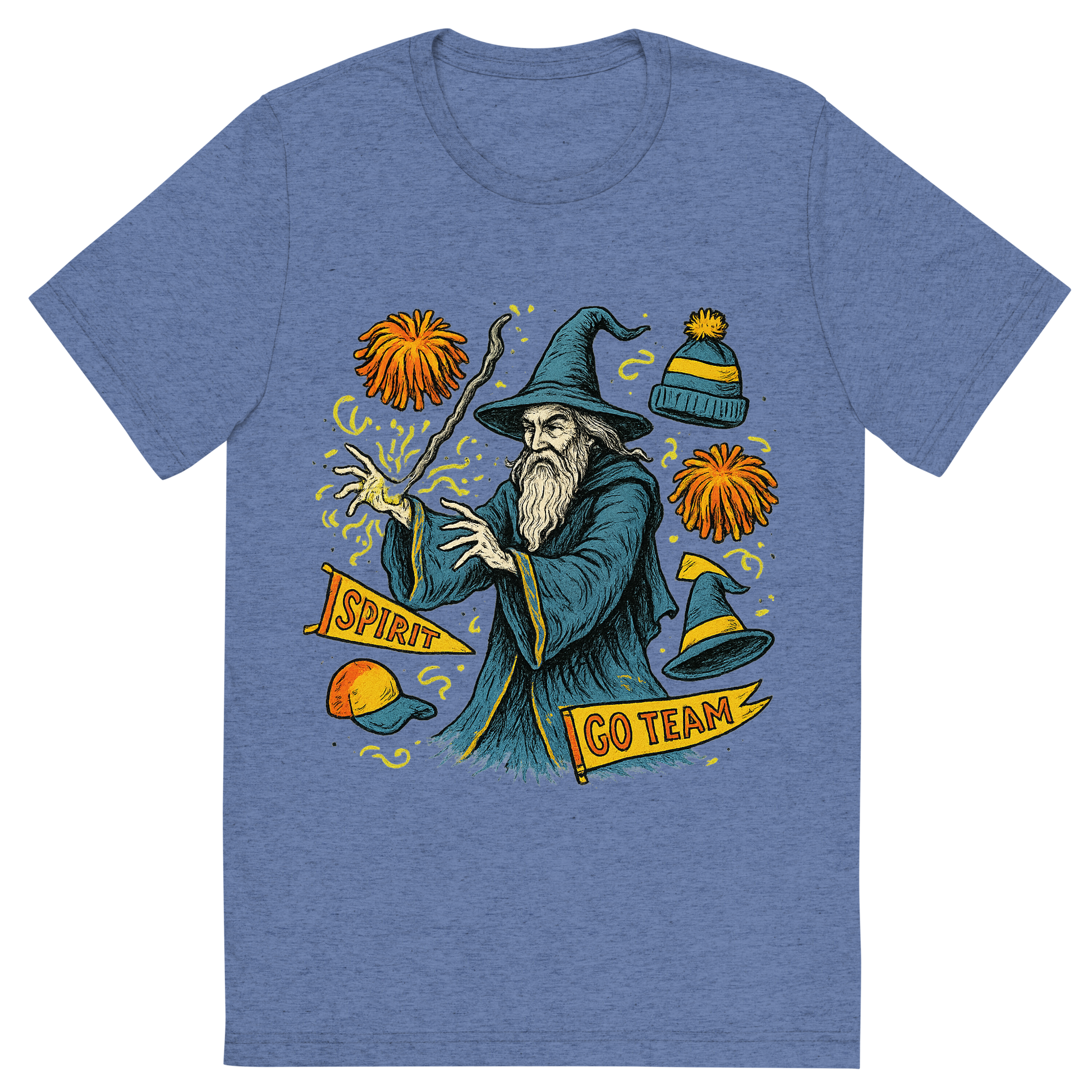 Front view of a Premium Tri-Blend Crew Neck T-Shirt in Blue showing 'A hand-drawn ink with pop color, whimsical graphic of a mystical wizard in school colors casting a spell with floating spirit week items (pom-poms, banners, hats), with the phrase “spirit week sorcerer” arched above. transparent background, centered, hand-drawn ink with magical color pops. dtg optimized.'