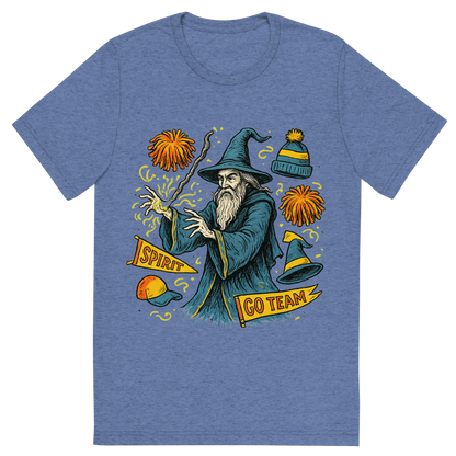 Front view of a Premium Tri-Blend Crew Neck T-Shirt in Blue showing 'A hand-drawn ink with pop color, whimsical graphic of a mystical wizard in school colors casting a spell with floating spirit week items (pom-poms, banners, hats), with the phrase “spirit week sorcerer” arched above. transparent background, centered, hand-drawn ink with magical color pops. dtg optimized.'