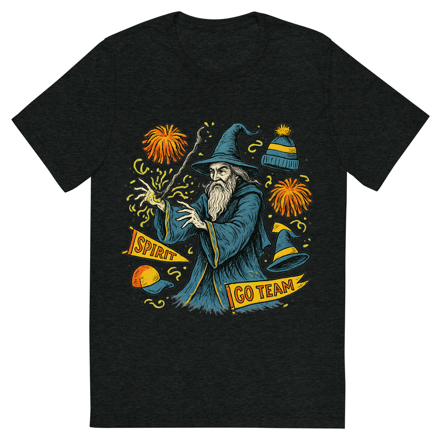 Front view of a Premium Tri-Blend Crew Neck T-Shirt in Charcoal-Black showing 'A hand-drawn ink with pop color, whimsical graphic of a mystical wizard in school colors casting a spell with floating spirit week items (pom-poms, banners, hats), with the phrase “spirit week sorcerer” arched above. transparent background, centered, hand-drawn ink with magical color pops. dtg optimized.'
