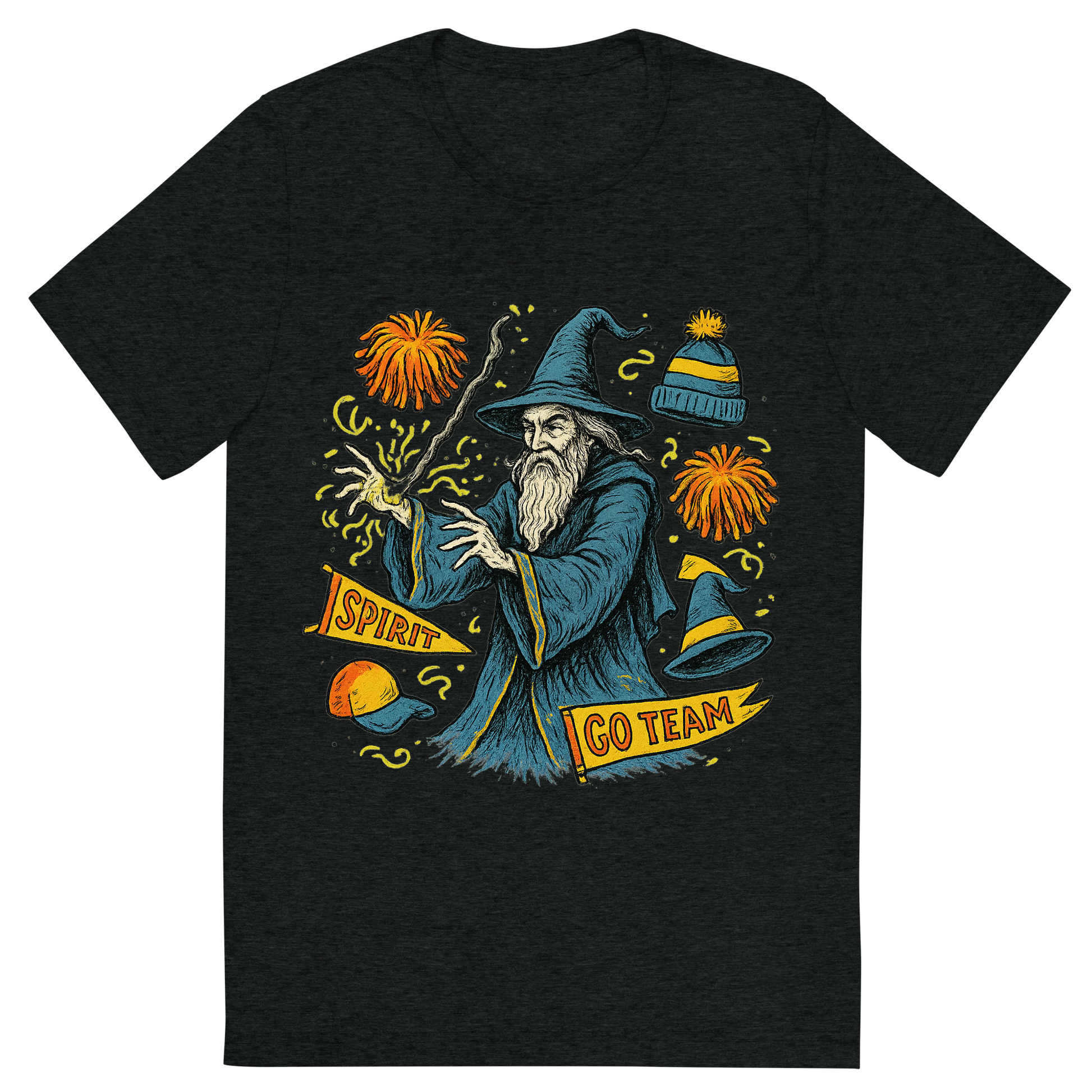 Front view of a Premium Tri-Blend Crew Neck T-Shirt in Charcoal-Black showing 'A hand-drawn ink with pop color, whimsical graphic of a mystical wizard in school colors casting a spell with floating spirit week items (pom-poms, banners, hats), with the phrase “spirit week sorcerer” arched above. transparent background, centered, hand-drawn ink with magical color pops. dtg optimized.'