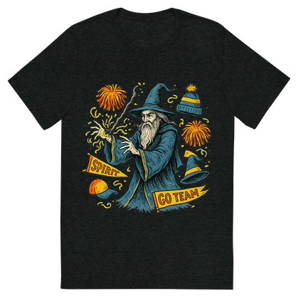 Front view of a Premium Tri-Blend Crew Neck T-Shirt in Charcoal-Black showing 'A hand-drawn ink with pop color, whimsical graphic of a mystical wizard in school colors casting a spell with floating spirit week items (pom-poms, banners, hats), with the phrase “spirit week sorcerer” arched above. transparent background, centered, hand-drawn ink with magical color pops. dtg optimized.'