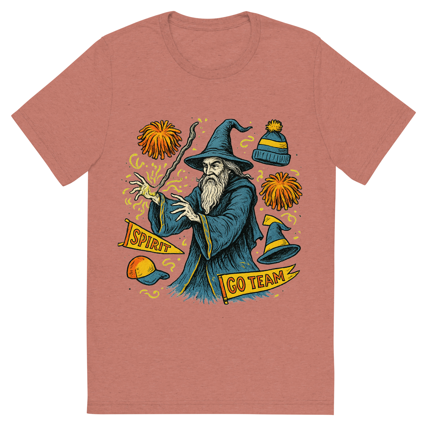 Front view of a Premium Tri-Blend Crew Neck T-Shirt in Mauve showing 'A hand-drawn ink with pop color, whimsical graphic of a mystical wizard in school colors casting a spell with floating spirit week items (pom-poms, banners, hats), with the phrase “spirit week sorcerer” arched above. transparent background, centered, hand-drawn ink with magical color pops. dtg optimized.'