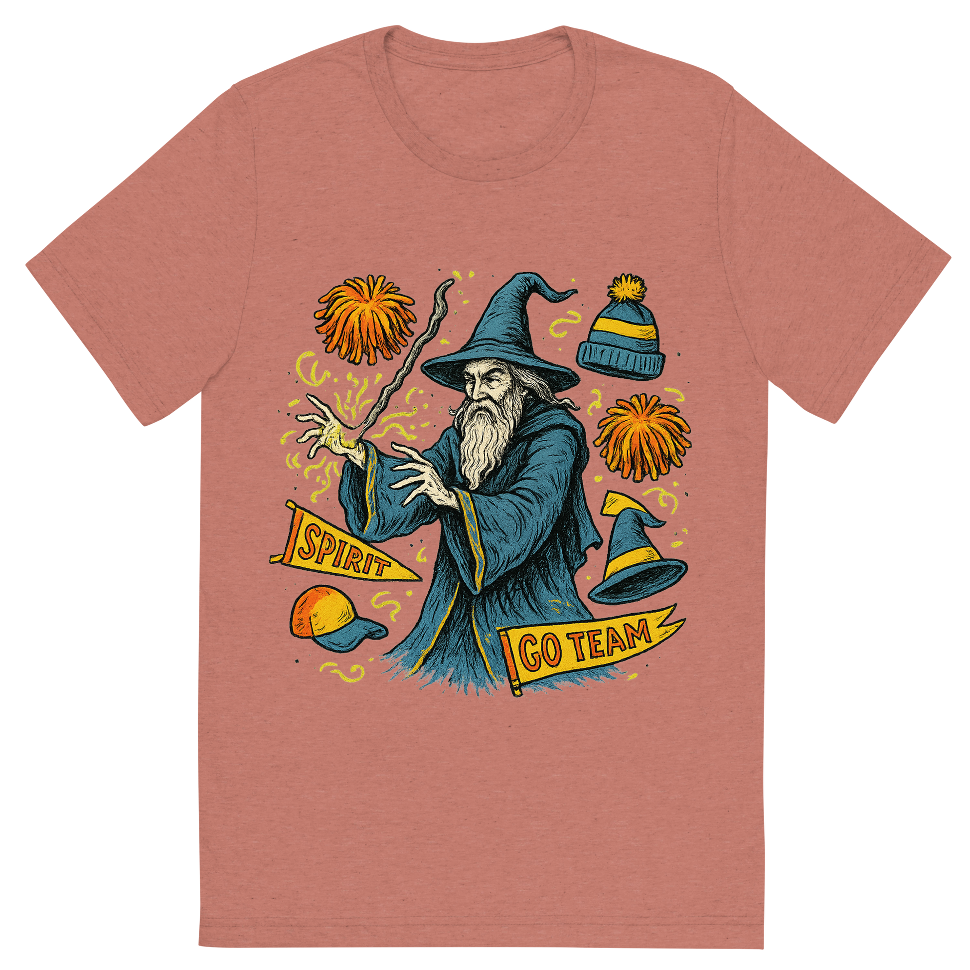 Front view of a Premium Tri-Blend Crew Neck T-Shirt in Mauve showing 'A hand-drawn ink with pop color, whimsical graphic of a mystical wizard in school colors casting a spell with floating spirit week items (pom-poms, banners, hats), with the phrase “spirit week sorcerer” arched above. transparent background, centered, hand-drawn ink with magical color pops. dtg optimized.'
