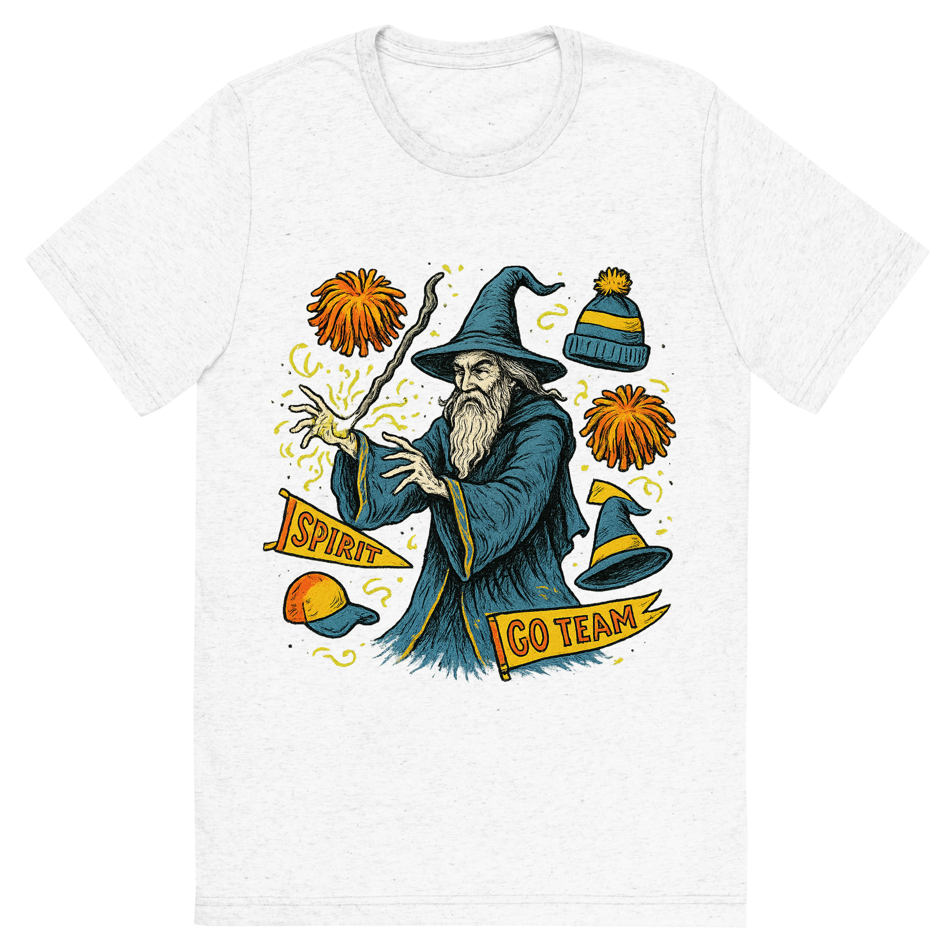 Front view of a Premium Tri-Blend Crew Neck T-Shirt in Solid White showing 'A hand-drawn ink with pop color, whimsical graphic of a mystical wizard in school colors casting a spell with floating spirit week items (pom-poms, banners, hats), with the phrase “spirit week sorcerer” arched above. transparent background, centered, hand-drawn ink with magical color pops. dtg optimized.'