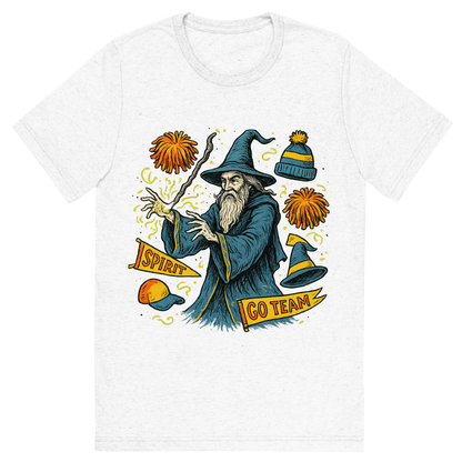 Front view of a Premium Tri-Blend Crew Neck T-Shirt in Solid White showing 'A hand-drawn ink with pop color, whimsical graphic of a mystical wizard in school colors casting a spell with floating spirit week items (pom-poms, banners, hats), with the phrase “spirit week sorcerer” arched above. transparent background, centered, hand-drawn ink with magical color pops. dtg optimized.'