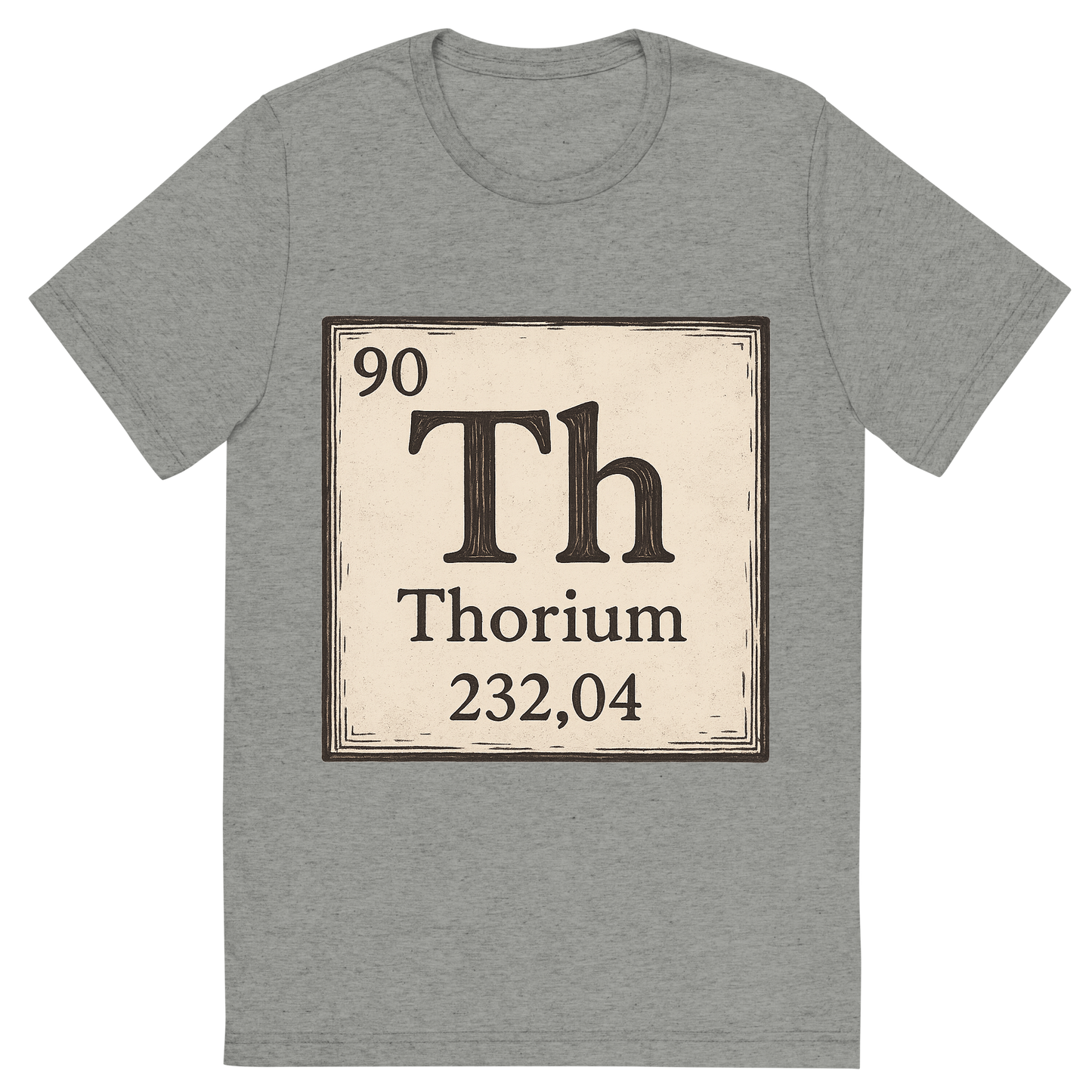 Front view of a Premium Tri-Blend Crew Neck T-Shirt in Athletic Grey showing 'A line art, nostalgic graphic of thorium's entry on the periodic table, use a dark color for the lines and text'
