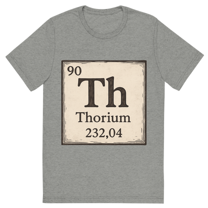 Front view of a Premium Tri-Blend Crew Neck T-Shirt in Athletic Grey showing 'A line art, nostalgic graphic of thorium's entry on the periodic table, use a dark color for the lines and text'