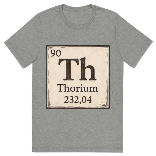 Front view of a Premium Tri-Blend Crew Neck T-Shirt in Athletic Grey showing 'A line art, nostalgic graphic of thorium's entry on the periodic table, use a dark color for the lines and text'