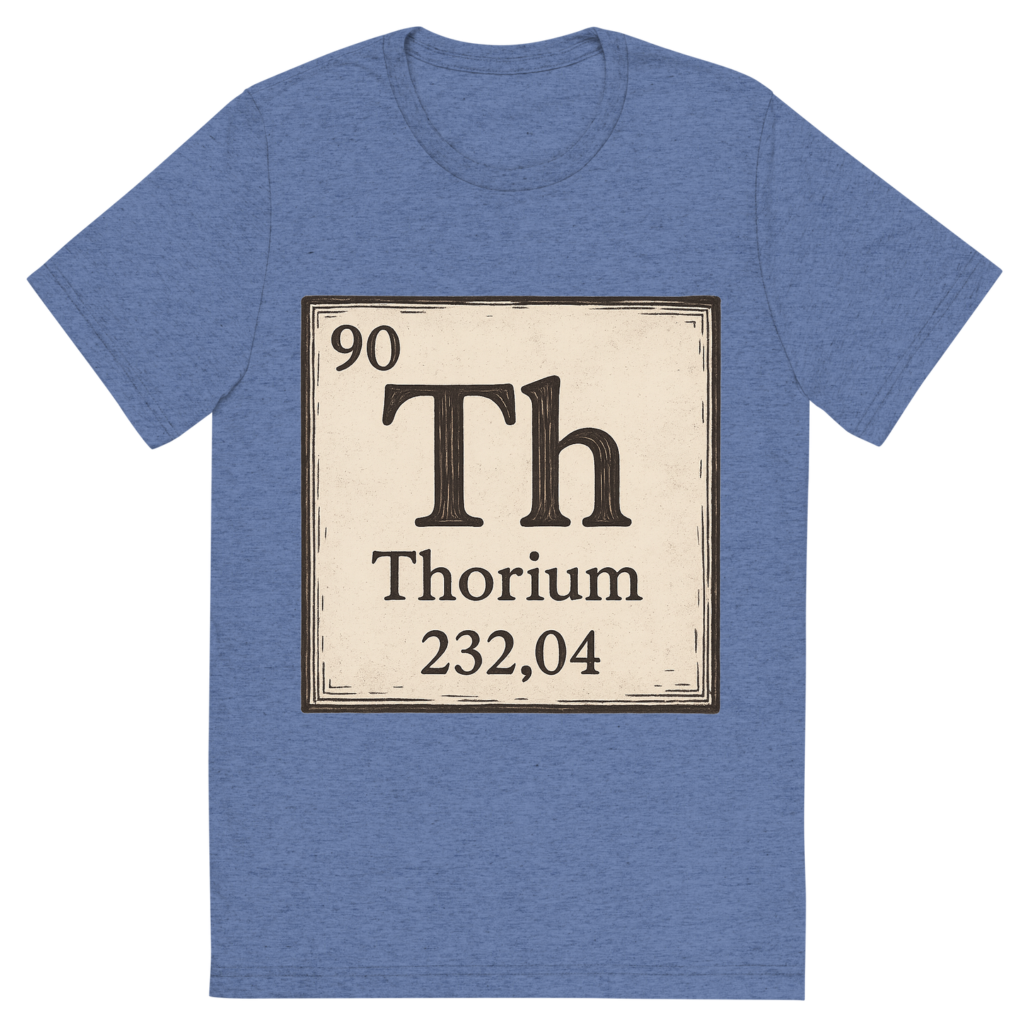 Front view of a Premium Tri-Blend Crew Neck T-Shirt in Blue showing 'A line art, nostalgic graphic of thorium's entry on the periodic table, use a dark color for the lines and text'