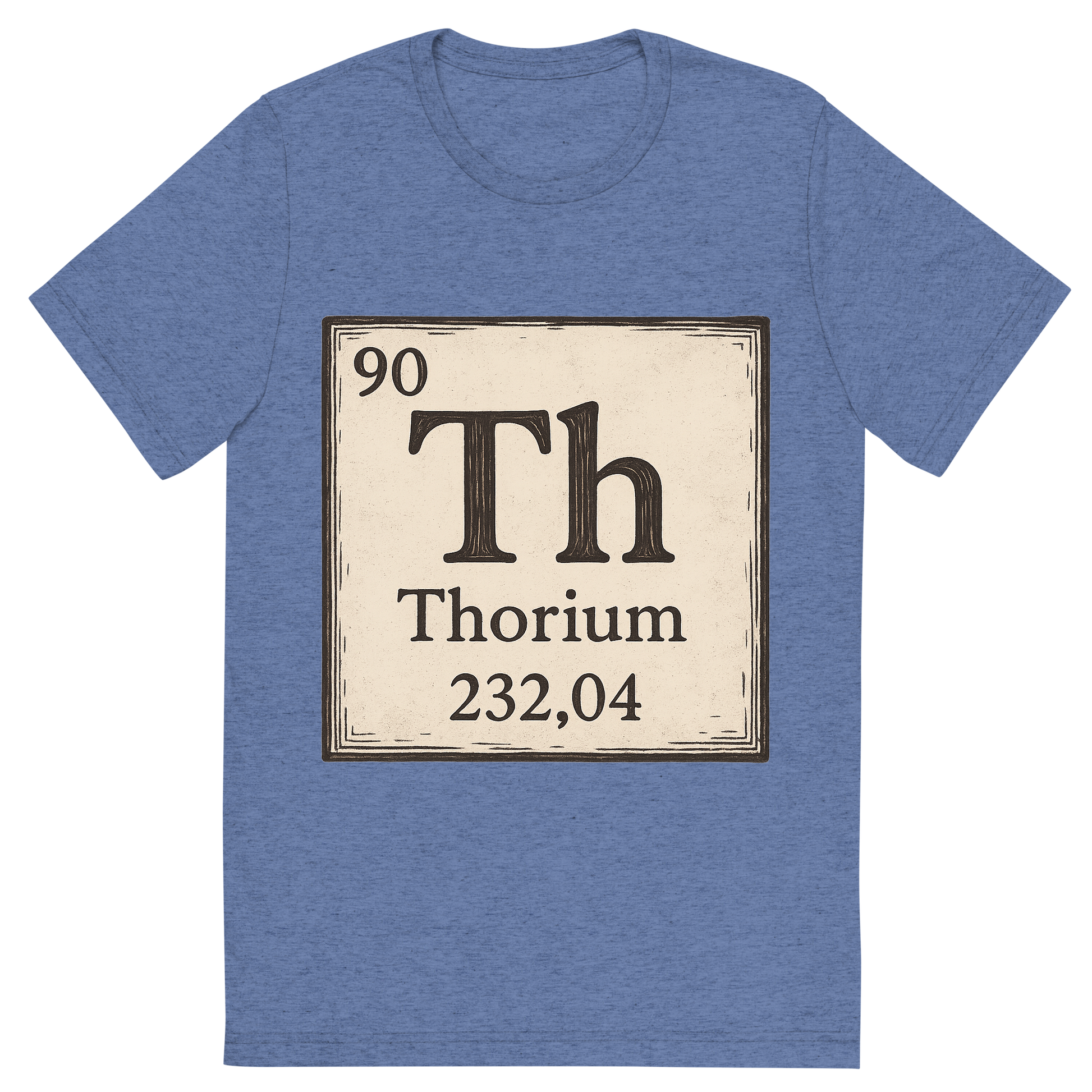Front view of a Premium Tri-Blend Crew Neck T-Shirt in Blue showing 'A line art, nostalgic graphic of thorium's entry on the periodic table, use a dark color for the lines and text'