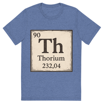 Front view of a Premium Tri-Blend Crew Neck T-Shirt in Blue showing 'A line art, nostalgic graphic of thorium's entry on the periodic table, use a dark color for the lines and text'