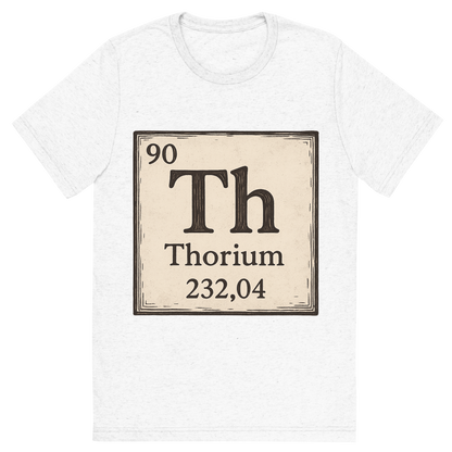 Front view of a Premium Tri-Blend Crew Neck T-Shirt in Solid White showing 'A line art, nostalgic graphic of thorium's entry on the periodic table, use a dark color for the lines and text'