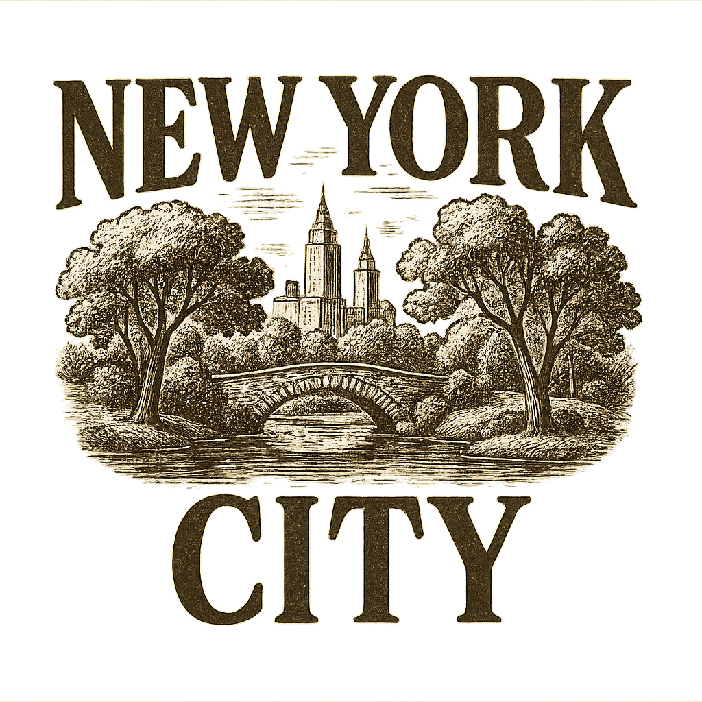 A typographic, nostalgic graphic of a typographic illustration of the words 'new york city' with a vintage line art drawing of central park – a t-shirt design