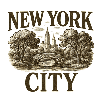 A typographic, nostalgic graphic of a typographic illustration of the words 'new york city' with a vintage line art drawing of central park – a t-shirt design
