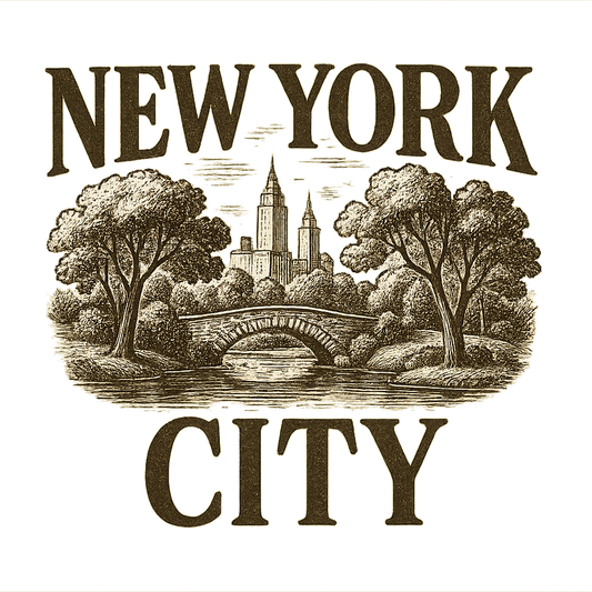 A typographic, nostalgic graphic of a typographic illustration of the words 'new york city' with a vintage line art drawing of central park – a t-shirt design