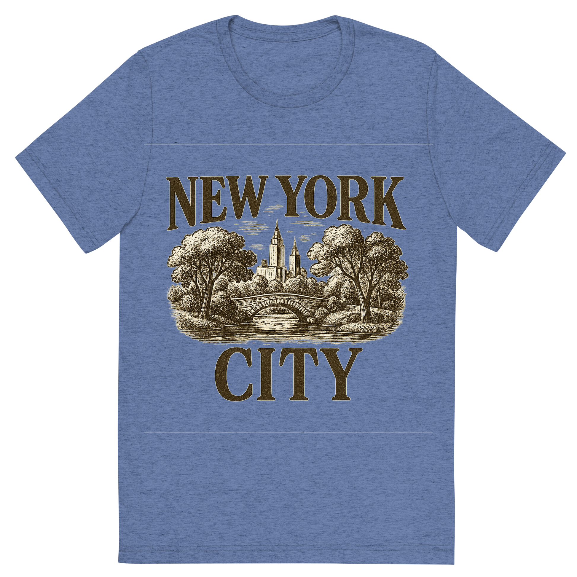 Front view of a Premium Tri-Blend Crew Neck T-Shirt in Blue showing 'A typographic, nostalgic graphic of a typographic illustration of the words 'new york city' with a vintage line art drawing of central park'