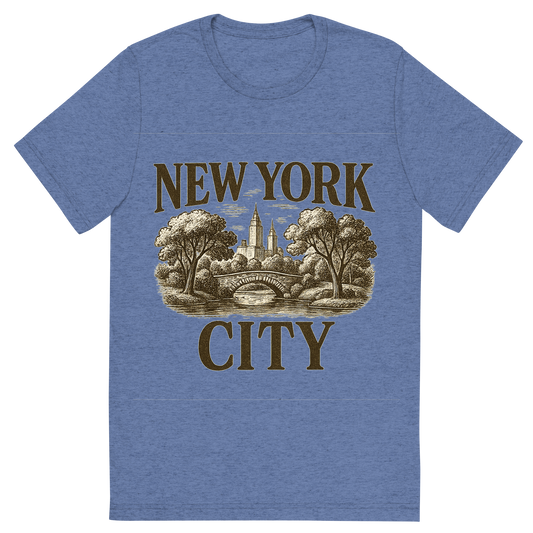 Front view of a Premium Tri-Blend Crew Neck T-Shirt in Blue showing 'A typographic, nostalgic graphic of a typographic illustration of the words 'new york city' with a vintage line art drawing of central park'