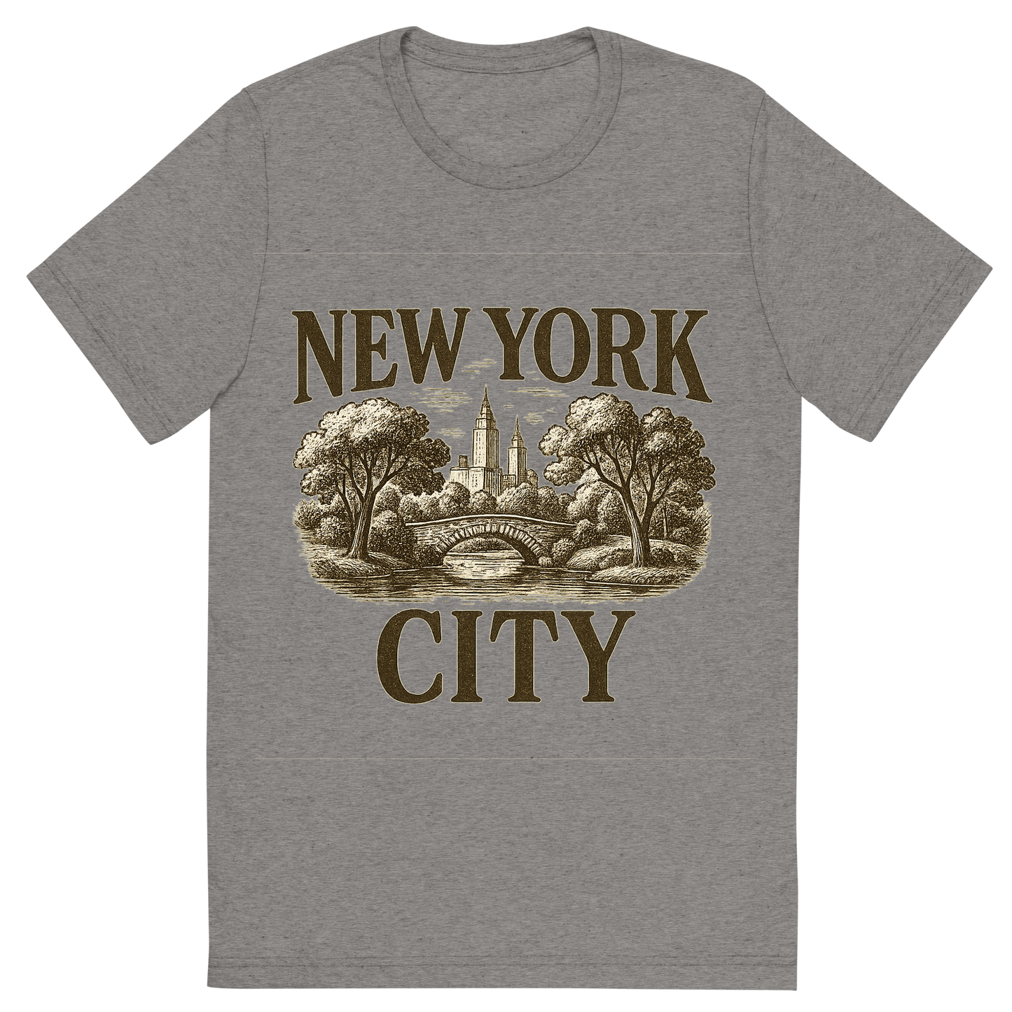 Front view of a Premium Tri-Blend Crew Neck T-Shirt in Grey showing 'A typographic, nostalgic graphic of a typographic illustration of the words 'new york city' with a vintage line art drawing of central park'