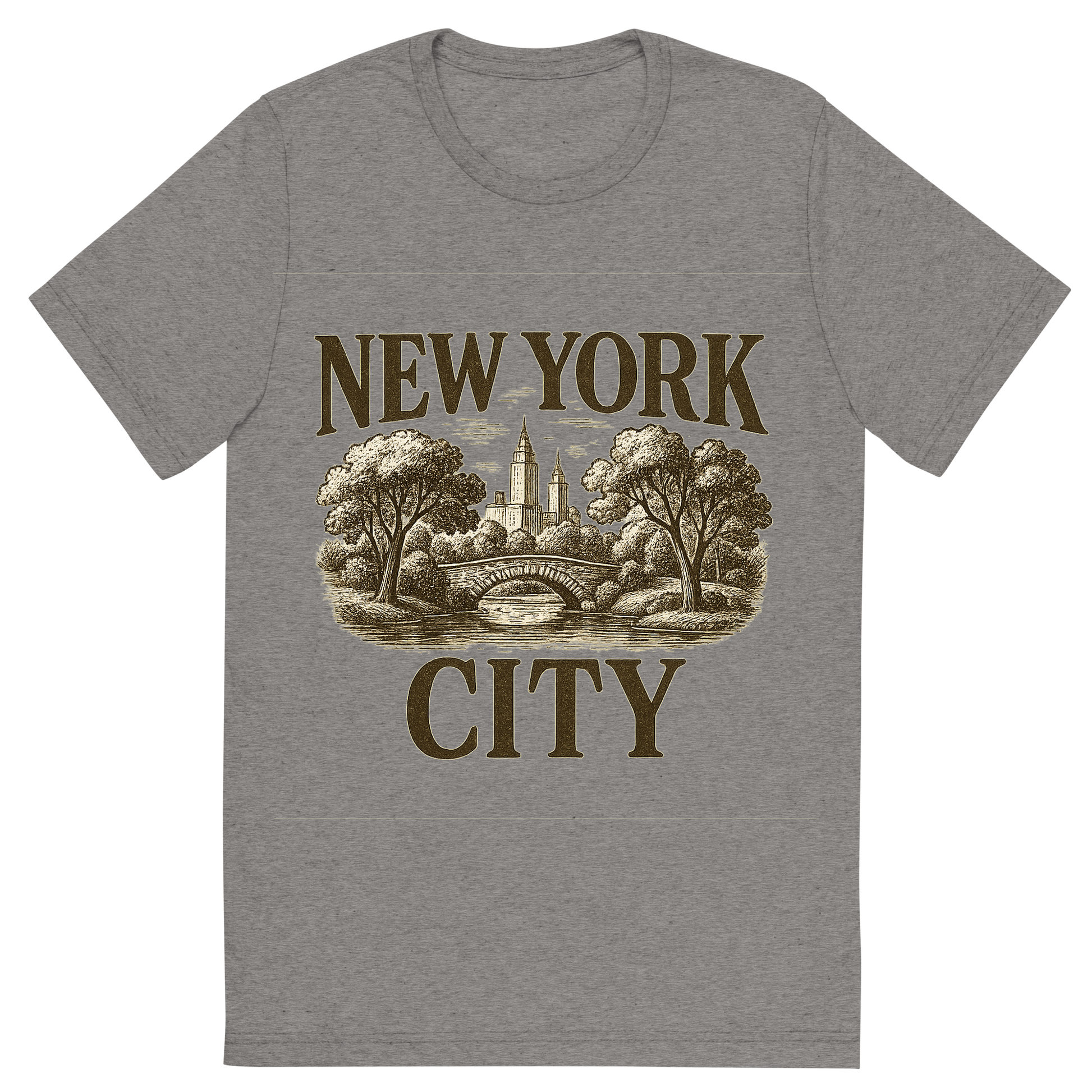 Front view of a Premium Tri-Blend Crew Neck T-Shirt in Grey showing 'A typographic, nostalgic graphic of a typographic illustration of the words 'new york city' with a vintage line art drawing of central park'