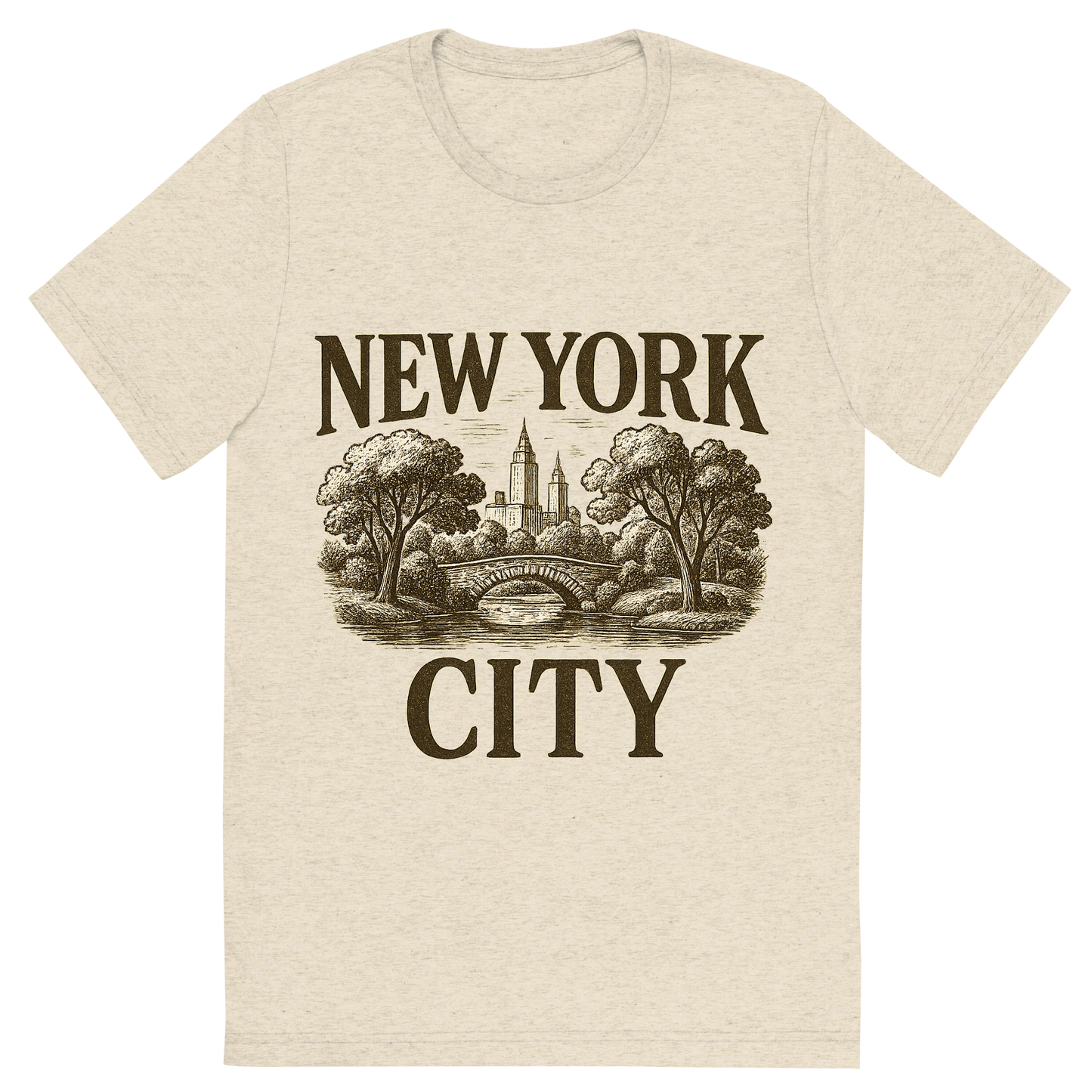 Front view of a Premium Tri-Blend Crew Neck T-Shirt in Oatmeal showing 'A typographic, nostalgic graphic of a typographic illustration of the words 'new york city' with a vintage line art drawing of central park'