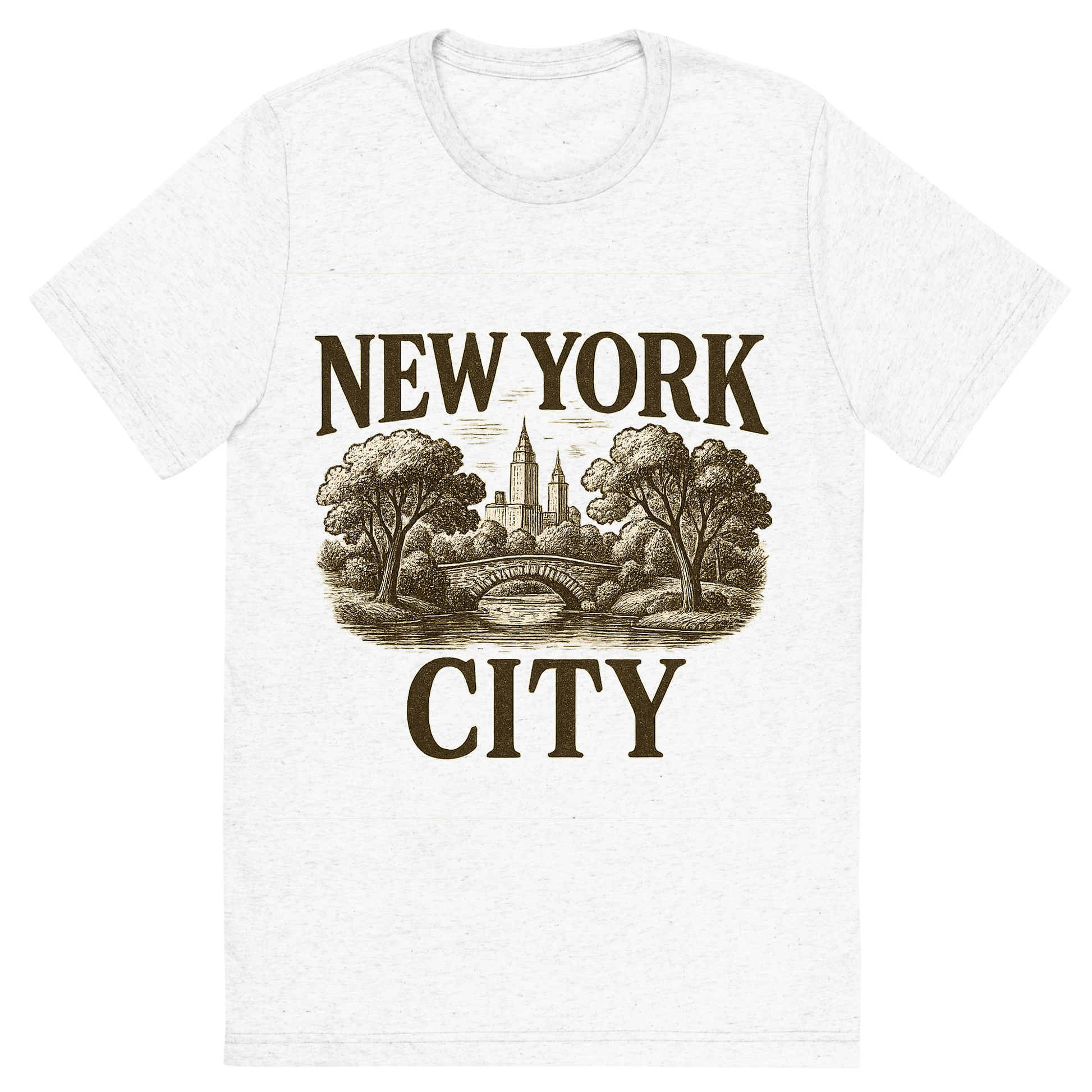 Front view of a Premium Tri-Blend Crew Neck T-Shirt in Solid White showing 'A typographic, nostalgic graphic of a typographic illustration of the words 'new york city' with a vintage line art drawing of central park'