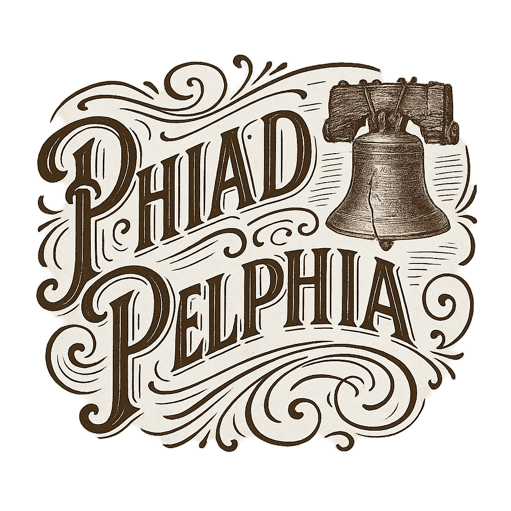 A typographic, nostalgic graphic of a typographic illustration of the words 'philadelphia' with a vintage line art drawing of the liberty bell – a t-shirt design
