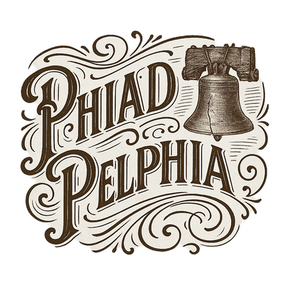 A typographic, nostalgic graphic of a typographic illustration of the words 'philadelphia' with a vintage line art drawing of the liberty bell – a t-shirt design