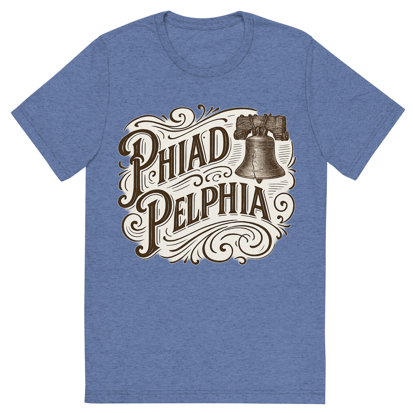 Front view of a Premium Tri-Blend Crew Neck T-Shirt in Blue showing 'A typographic, nostalgic graphic of a typographic illustration of the words 'philadelphia' with a vintage line art drawing of the liberty bell'