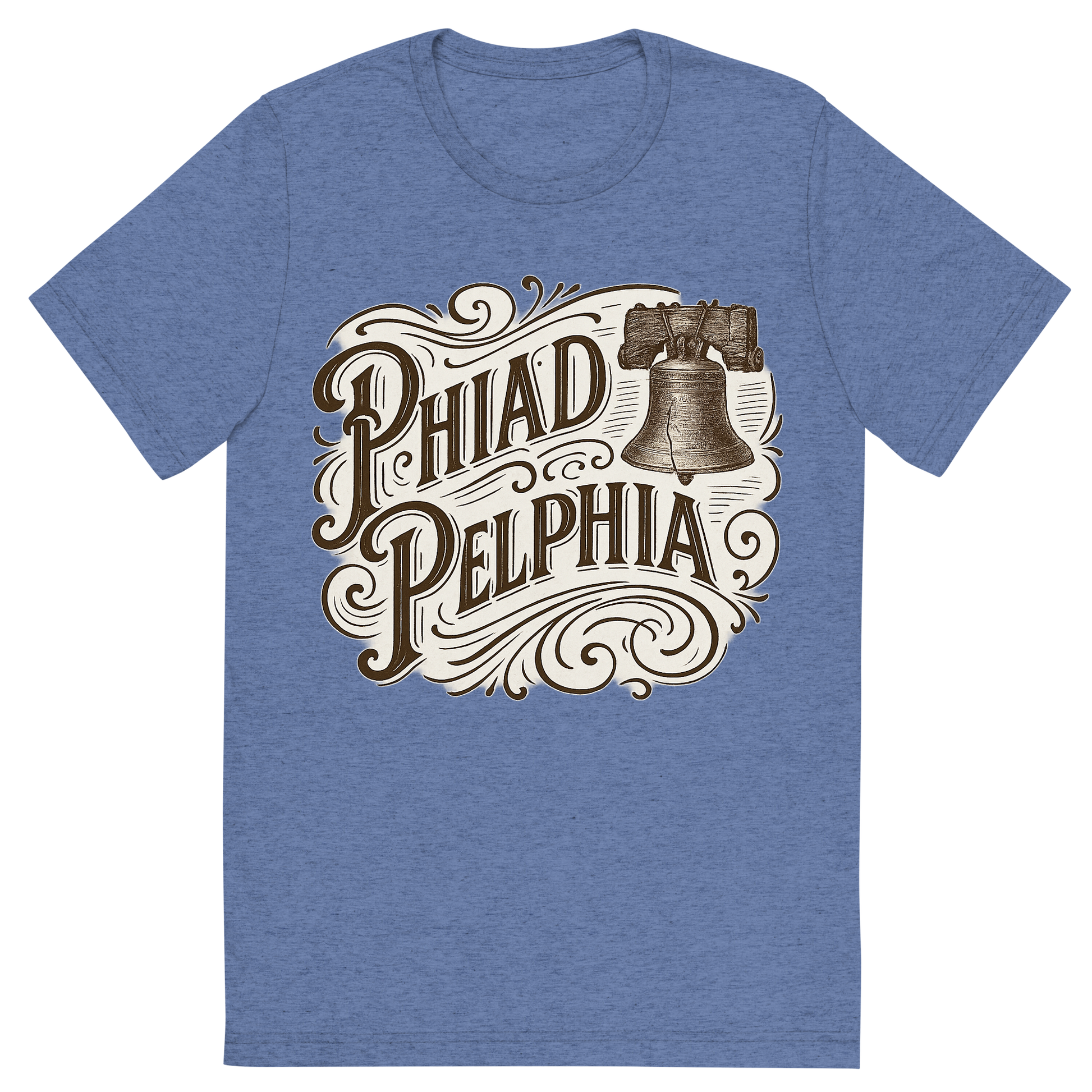 Front view of a Premium Tri-Blend Crew Neck T-Shirt in Blue showing 'A typographic, nostalgic graphic of a typographic illustration of the words 'philadelphia' with a vintage line art drawing of the liberty bell'