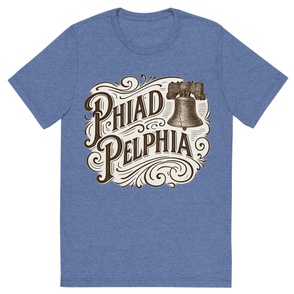 Front view of a Premium Tri-Blend Crew Neck T-Shirt in Blue showing 'A typographic, nostalgic graphic of a typographic illustration of the words 'philadelphia' with a vintage line art drawing of the liberty bell'