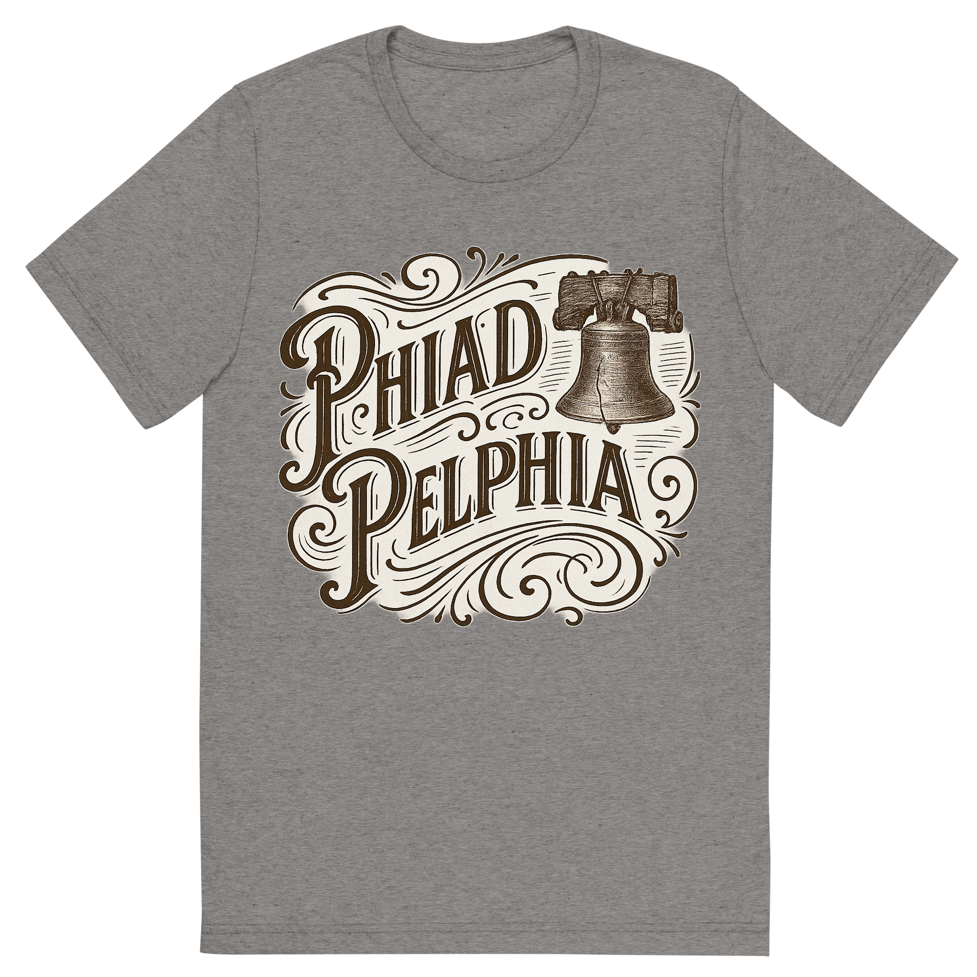 Front view of a Premium Tri-Blend Crew Neck T-Shirt in Grey showing 'A typographic, nostalgic graphic of a typographic illustration of the words 'philadelphia' with a vintage line art drawing of the liberty bell'