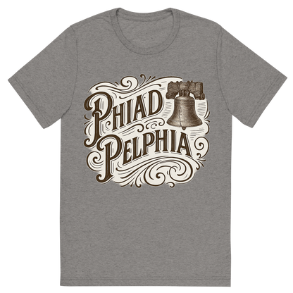 Front view of a Premium Tri-Blend Crew Neck T-Shirt in Grey showing 'A typographic, nostalgic graphic of a typographic illustration of the words 'philadelphia' with a vintage line art drawing of the liberty bell'