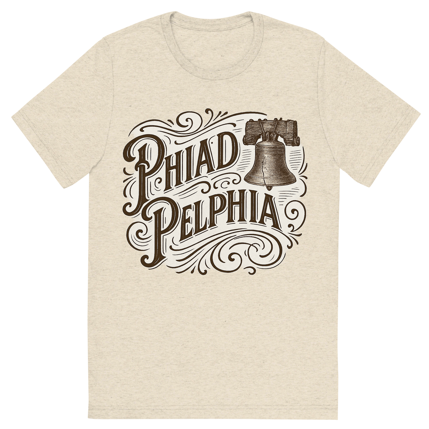 Front view of a Premium Tri-Blend Crew Neck T-Shirt in Oatmeal showing 'A typographic, nostalgic graphic of a typographic illustration of the words 'philadelphia' with a vintage line art drawing of the liberty bell'