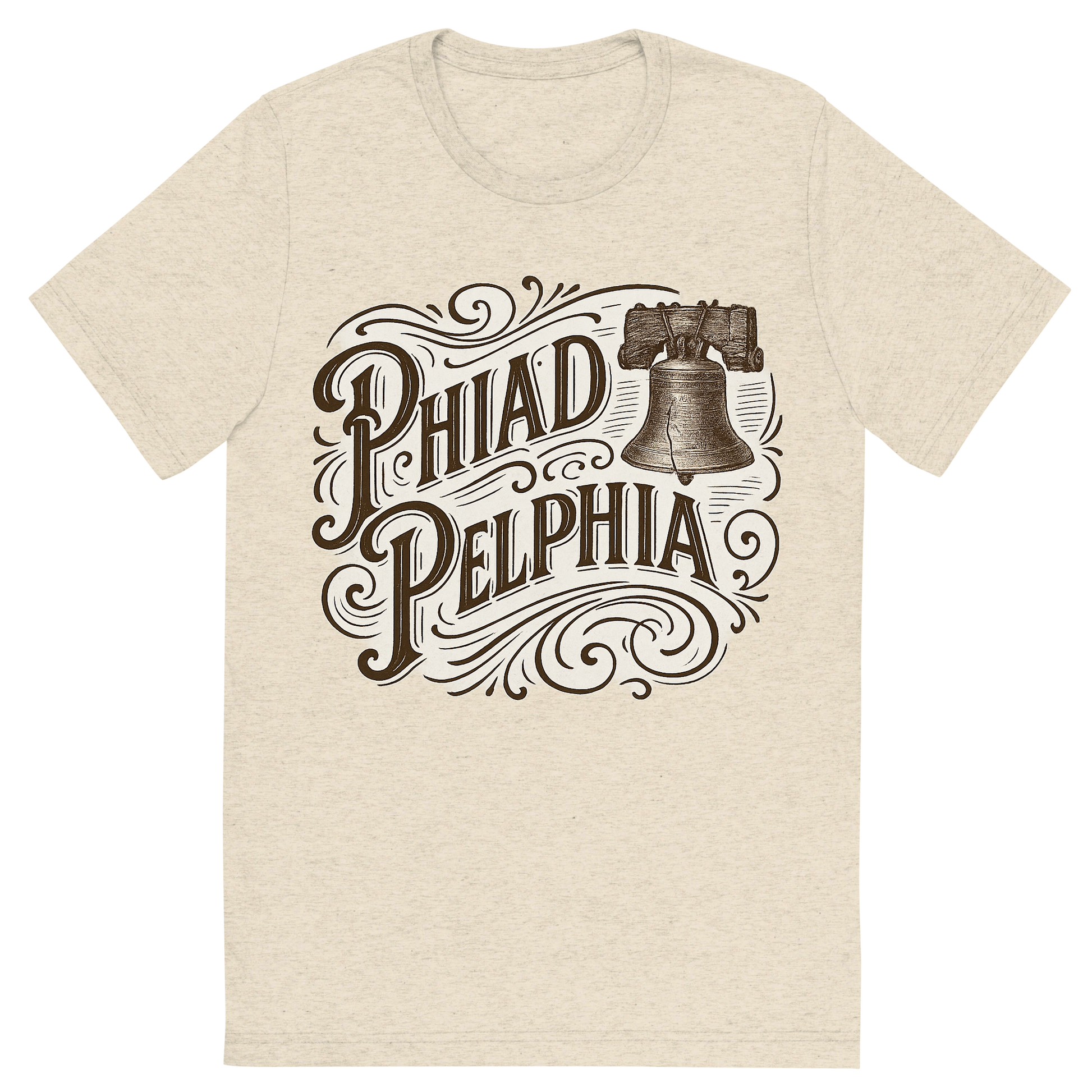 Front view of a Premium Tri-Blend Crew Neck T-Shirt in Oatmeal showing 'A typographic, nostalgic graphic of a typographic illustration of the words 'philadelphia' with a vintage line art drawing of the liberty bell'
