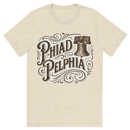 Front view of a Premium Tri-Blend Crew Neck T-Shirt in Oatmeal showing 'A typographic, nostalgic graphic of a typographic illustration of the words 'philadelphia' with a vintage line art drawing of the liberty bell'