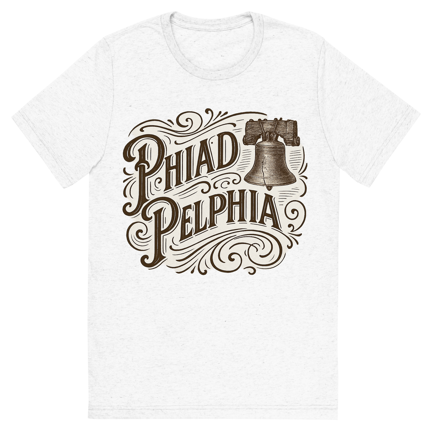 Front view of a Premium Tri-Blend Crew Neck T-Shirt in Solid White showing 'A typographic, nostalgic graphic of a typographic illustration of the words 'philadelphia' with a vintage line art drawing of the liberty bell'