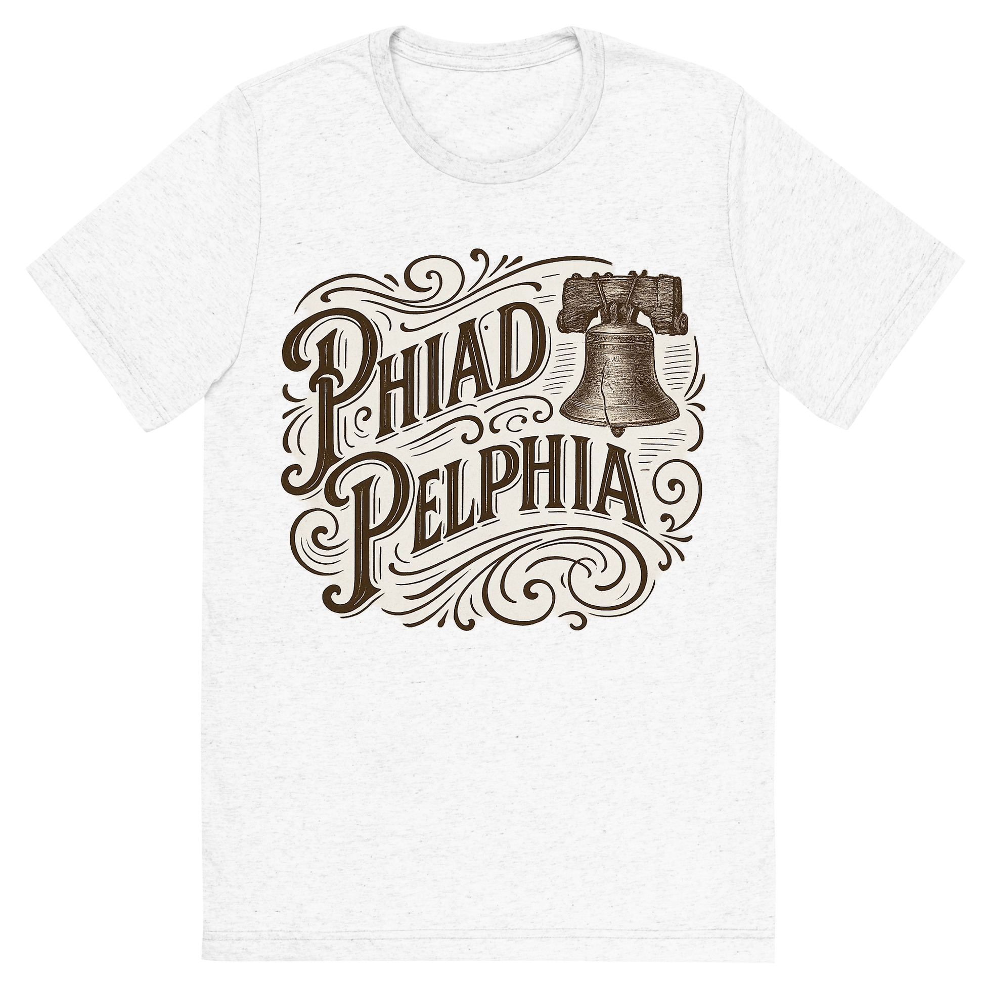 Front view of a Premium Tri-Blend Crew Neck T-Shirt in Solid White showing 'A typographic, nostalgic graphic of a typographic illustration of the words 'philadelphia' with a vintage line art drawing of the liberty bell'