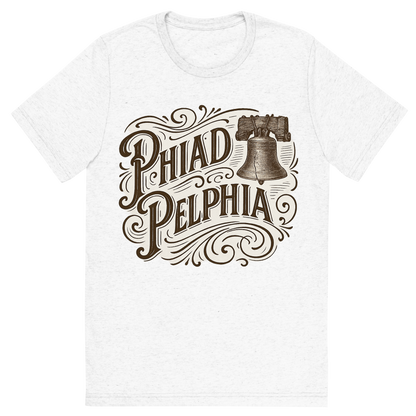 Front view of a Premium Tri-Blend Crew Neck T-Shirt in Solid White showing 'A typographic, nostalgic graphic of a typographic illustration of the words 'philadelphia' with a vintage line art drawing of the liberty bell'
