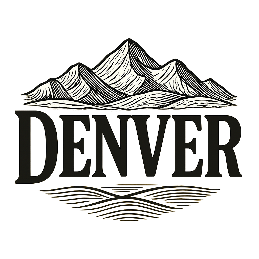 A typographic, nostalgic graphic of a typographic illustration of the words 'denver' with a vintage line art drawing of the rocky mountains – a t-shirt design