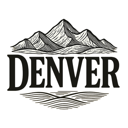 A typographic, nostalgic graphic of a typographic illustration of the words 'denver' with a vintage line art drawing of the rocky mountains – a t-shirt design