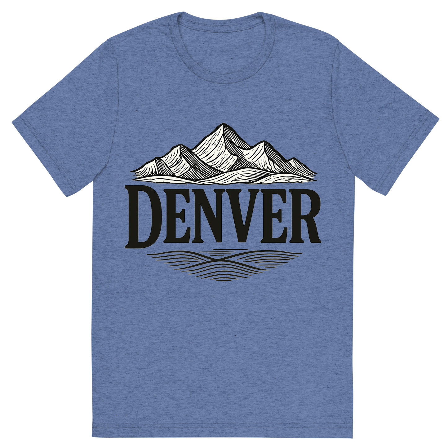 Front view of a Premium Tri-Blend Crew Neck T-Shirt in Blue showing 'A typographic, nostalgic graphic of a typographic illustration of the words 'denver' with a vintage line art drawing of the rocky mountains'