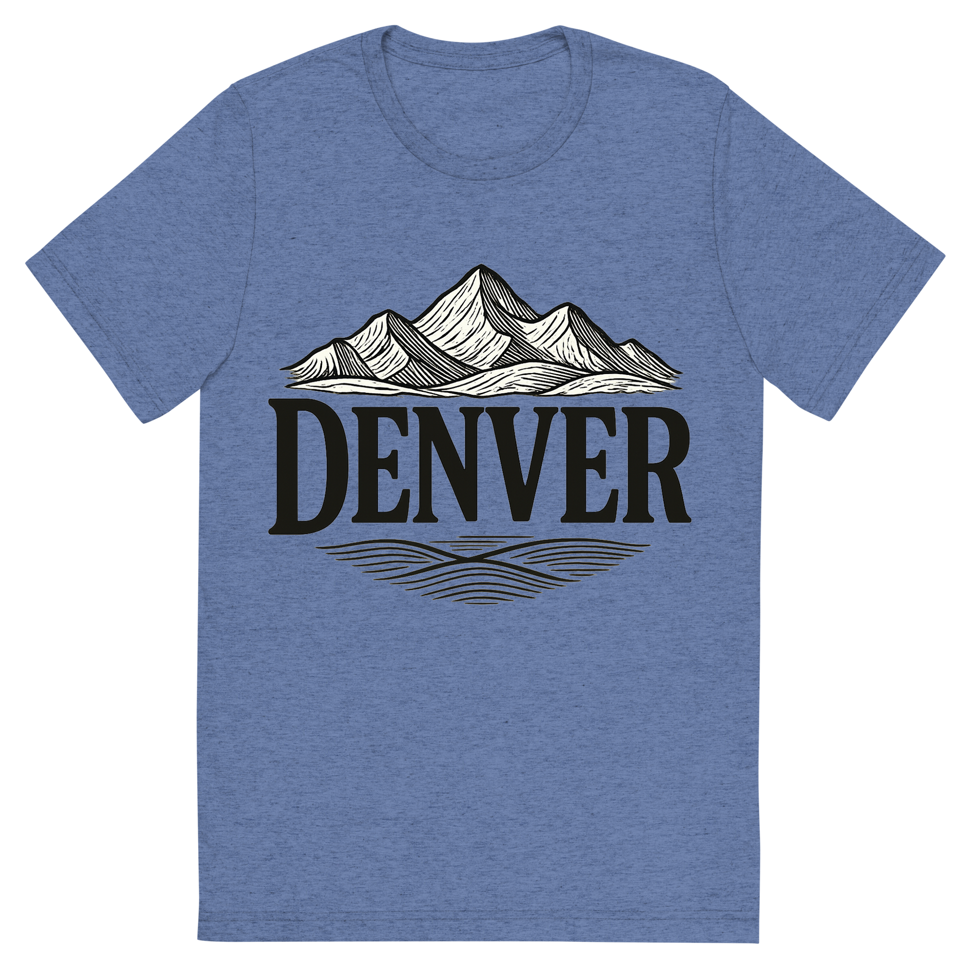 Front view of a Premium Tri-Blend Crew Neck T-Shirt in Blue showing 'A typographic, nostalgic graphic of a typographic illustration of the words 'denver' with a vintage line art drawing of the rocky mountains'