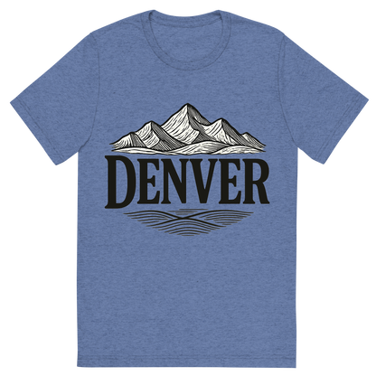 Front view of a Premium Tri-Blend Crew Neck T-Shirt in Blue showing 'A typographic, nostalgic graphic of a typographic illustration of the words 'denver' with a vintage line art drawing of the rocky mountains'