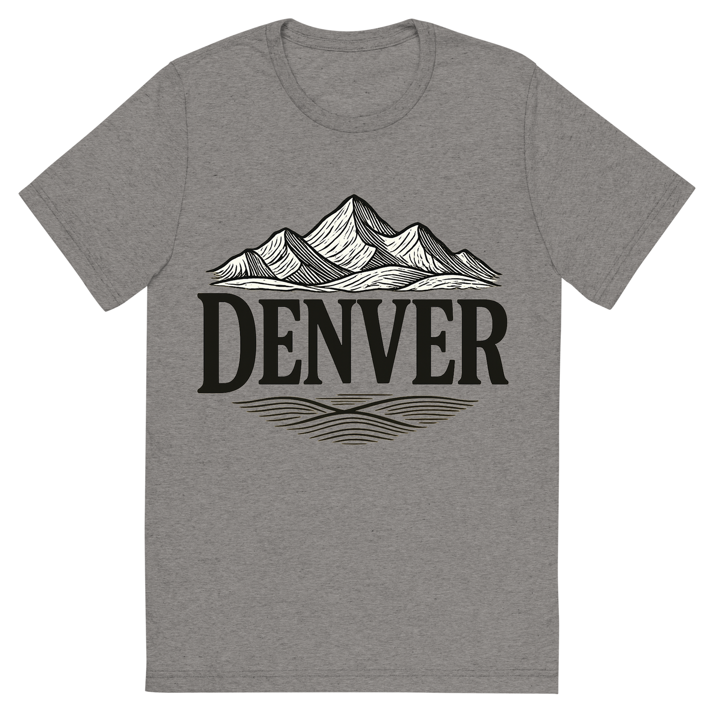 Front view of a Premium Tri-Blend Crew Neck T-Shirt in Grey showing 'A typographic, nostalgic graphic of a typographic illustration of the words 'denver' with a vintage line art drawing of the rocky mountains'